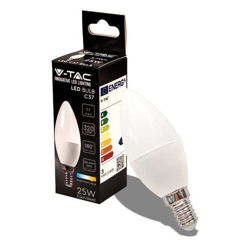 Bombillas Bajo Consumo V-TAC Bombilla LED Vela E14, Edison, 3.7W (Equivalente a 25W) - 320 Lumen - 3000K Blanco Cálido - Apertura del Haz de Luz...