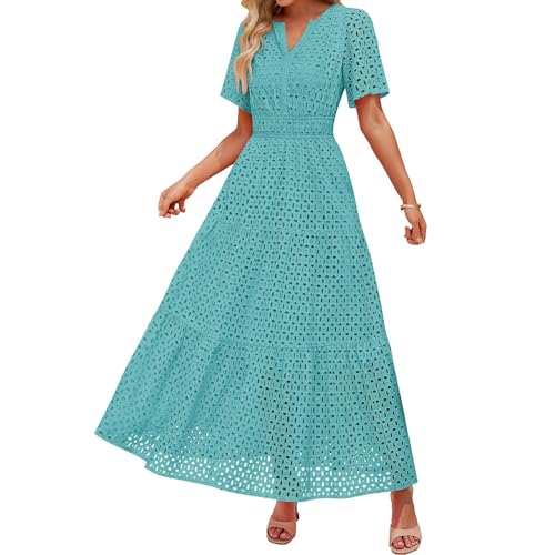 Robe longue élégante unie à col en V avec finitions ajourées haut de gamme
