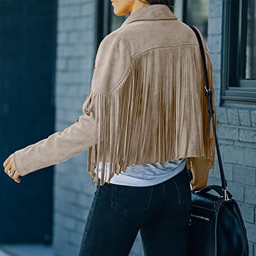 Womens Vintage Tassel Cropped Motor Biker Faux Suede Jackets Long Sleeve Hippie Boho Western Cowgirl Fringe Coat Outwear(Beige,X-Large) #TOP3