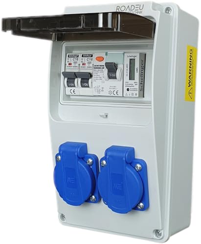 RoadEu Stromverteiler 230V mit Zähler, 2x Schuko, Steckdosenverteiler mit Fi Schutzschalter 40A typ A/AC, 2x Leistungsschalter C16A. Baustromverteiler IP44. Digitaler Stromzähler Hutschiene