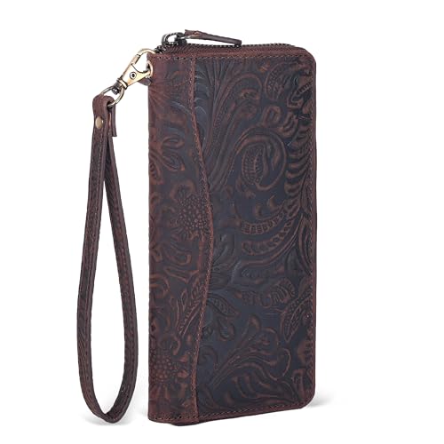 Oak Leathers Leather Wallet for Women - RFID Womens Wallet Clutch with 8 Credit Card Holder, Coin Pocket Vintage Brown Embossed