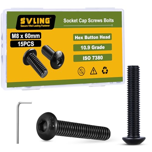 SVLING M8 x 60mm 15PCS Button Head Hex Socket Cap Screws Bolts, 10.9 Grade Alloy Steel, Allen Hex Drive, Full Thread, Black Oxide, with Hex Spanner by SVLING - Used condition - US$7.62