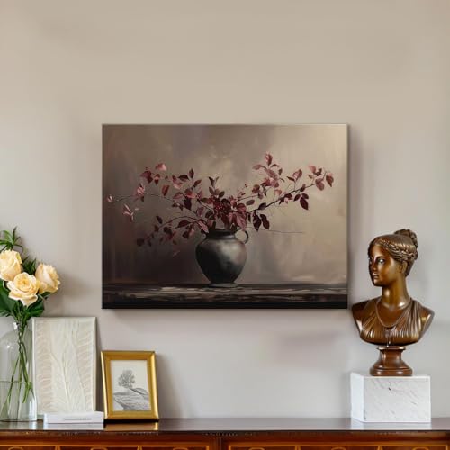 Framed Vintage Floral Still Life Canvas Wall Art, Elegant Botanical Vase Painting Print with Red Leaves and Berries, Rustic Nature Poster Picture for Living Room, Bedroom, Dining Room Home Decor 16x24 Inch