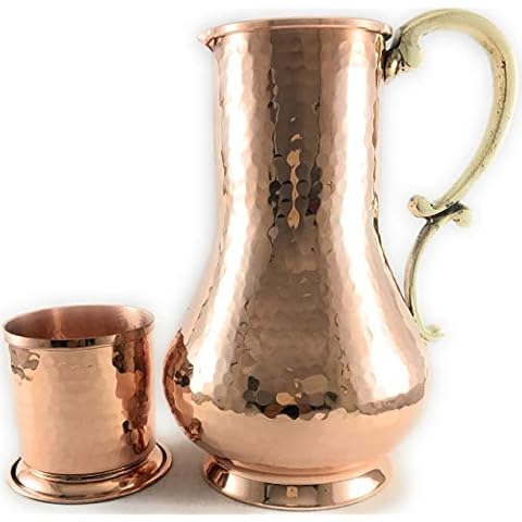 KS Series - Copper Pitcher (45 oz) and Cup (7.7 oz) Set, Moscow Mule Water Jug, Ice Tea and Juice Beverage, Desktop/Bedside Night Water Carafe, Ayurvedic Decanter (Hammered) Cover