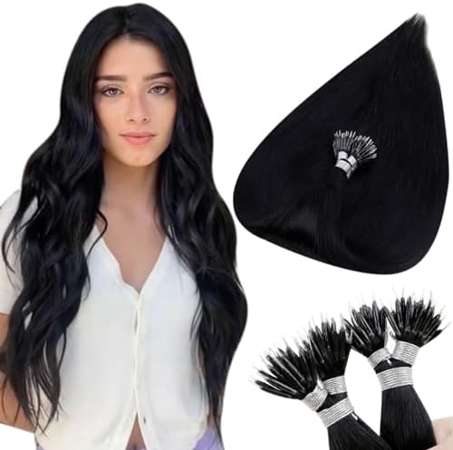 Nano Ring Hair Extensions Real Human Hair Nano Tip Hair Extensions Blonde Human Hair Nano Hair Extensions 16Inch Golden Blonde with Medium Blonde #17/23 Straight 50g 50s