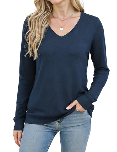 Image of Long Sleeve Knit Lightweight Sweaters Pullover V Neck Basic Spring Fall Sweaters for Women Soft Casual Tops
