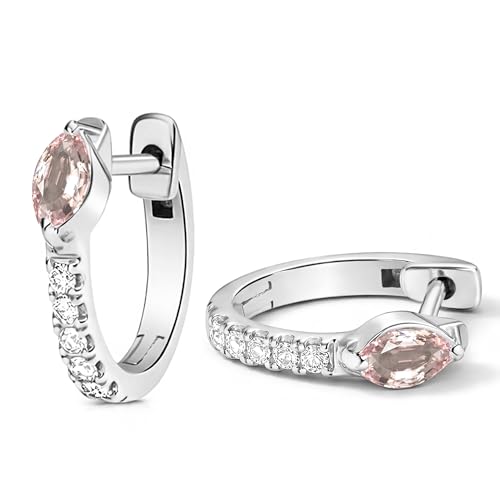 Image of Marquise & Round Morganite & Diamond Huggie Hoop Earring For Women, 14K White Gold Plated Silver Hoop Earrings