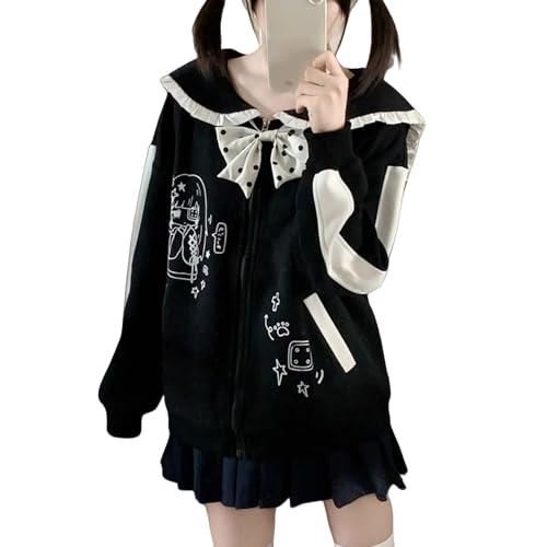 Cuteighteen Kawaii Harajuku - Sudadera con capucha y cremallera para mujer, cuello marinero, diseño gráfico de anime, chaqueta holgada, Negro, Large