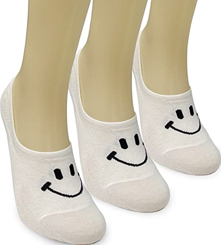 Image of Happy Face Positive Smile Fun Design No Show Liner Low Cut Thin Cotton Sneakers Socks for Women 3P Set