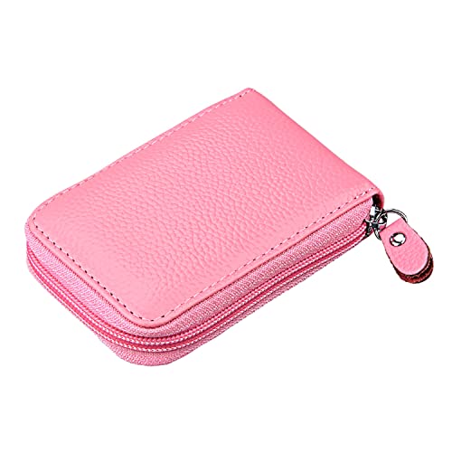 Image of Credit Card Case Organizer Genuine Leather Zip-Around Security Wallet Pink