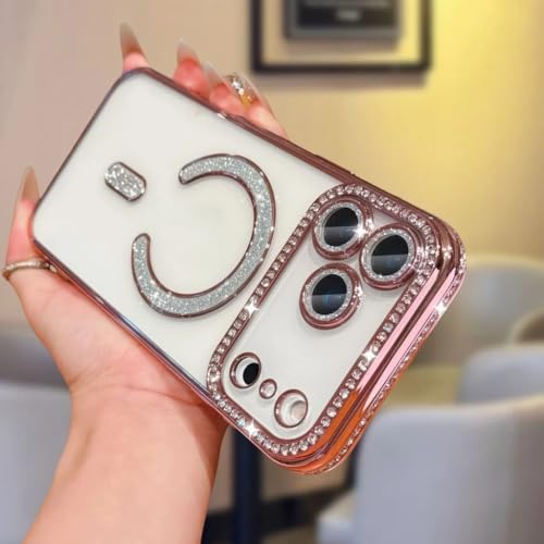 Image of for iPhone 17 Pro Max Magnetic Glitter Case,Luxury Bling Rhinestone Diamond Plated Bumper Case Sparkle Camera Lens Protection Clear Cover for iPhone 17 Pro Max (Pink)