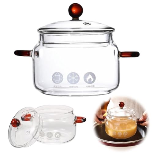 Olla de vidrio con tapa, 5.9 pulgadas de diámetro, 1.5 L, cacerola de vidrio de borosilicato resistente al calor, olla apta para horno para cocina de inducción, microondas y refrigerador, calentador