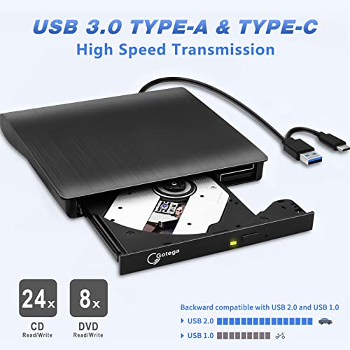 Image of External DVD Drive USB 3.0 TYPE C Portable CD /DVD + /-RW Disk Drive DVD Player for Laptop CD /DVD ROM Burner Reader with Protective Carrying Case & 10 Blank Discs for Laptop Desktop Windows Linux Mac