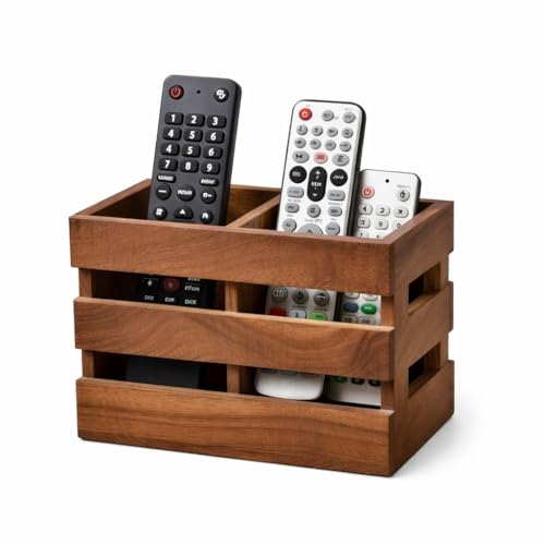 Image of Craftize Mstore Remote Controller Holder, Wooden, Brown, 16.5 x 12.7 cm, Rectangular Caddy with Multi-compartment Design