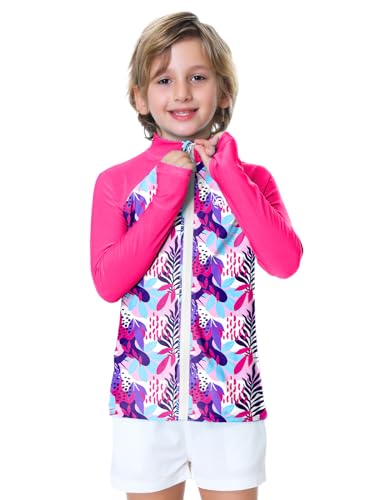 Image of AOBUTE Unisex Kids Zipper Rash Guard Boys UPF 50+ UV Protection Sun Shirt with Thumb Hole 3-12 Years