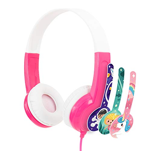 ONANOFF BuddyPhones Discover, Volume-Limiting Kids Headphones, Comfortable and Durable, Built-in Audio Sharing Cable, Compatible with Fire, iPad, iPhone, and Android Devices, Pink