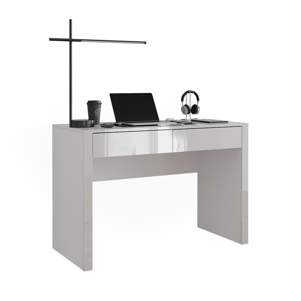 Vicco Bureau Annabelle, Blanc Brillant/Blanc, 110x50cm | avec 2 tiroirs, convient comme poste de travail pour le télétravail ou les études