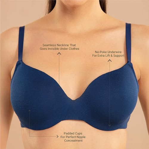 Image of NYKD NYB218 Modal Fabric Lightly Padded Wired T-Shirt Bra for Women Seamless Neckline Non Slip Shoulder Straps