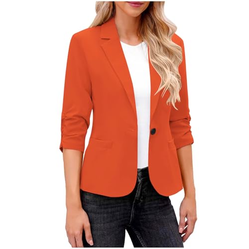 One Button Blazer for Women Notch Lapel 3/4 Ruched Sleeve Cardigan Jackets Trendy Business Causal Blazers