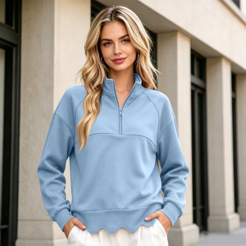 Quarter Zip Pullover Women Comfy Scalloped Collared Lightweight Sweater - image 2
