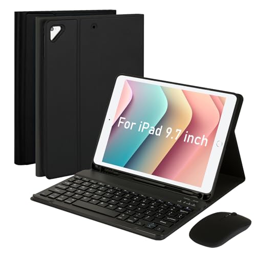 Image of SOPPY Bluetooth Keyboard Case with Mouse for iPad 6th /5th Generation, iPad Pro 9.7-inch, Air 1 /2, Detachable Wireless Keyboard with Pencil Holder, Slim Protective Cover, Rechargeable, US - Black