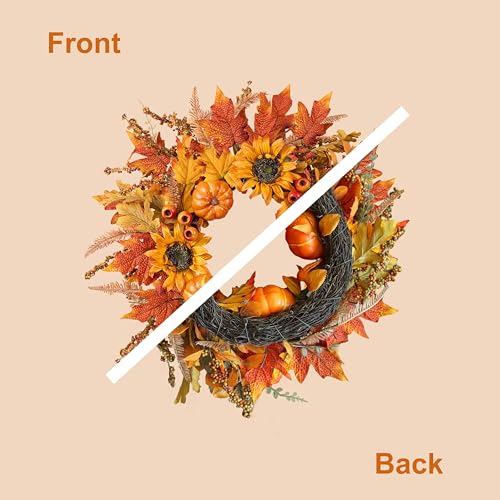 zjlmit Fall Wreaths for Front Door 24 Inch Fall Wreath with Pumpkins Sunflowers Maple Leaves and Orange Red Berries Autumn Wreath for Farmhouse Porch Thanksgiving and Harvest Festival Parties by zjlmit - Used condition - Image 6