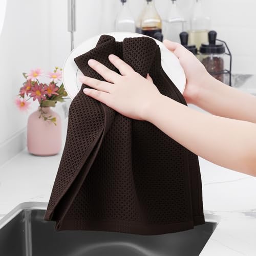 Image of Homaxy 100% Cotton Waffle Weave Kitchen Dish Towels, Ultra Soft Absorbent Quick Drying Cleaning Towel, 13 x 28 Inches, 12-Pack, Dark Brown