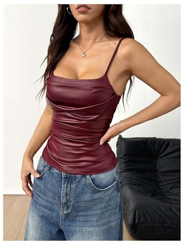 MakeMeChic Women's PU Leather Draped Camisole Spaghetti Strap Sleeveless Cami Top2