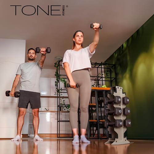 Image of Tone Fitness Neoprene Dumbbell Set with Storage Rack - Non-Slip, Anti-Roll Hand Weights for Home Gym Workouts | 20 lb, 32 lb, 50 lb, 60 lb & 100 lb Options