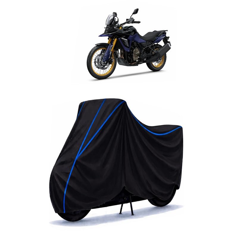 Image of Suzuki V-Strom 800 Bike Cover Water Resistant Universal Motorcycle Rain | Heavy Duty UV Protection, Dust, Scratch Indoor Outdoor All Weather with Black Blue Piping Elastic