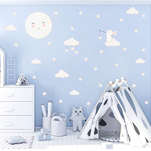 Moon Star Wall Decals Cartoon Rabbit Wall Stickers Cute Bunny Wall Decals Moon Cloud Wall Decals Watercolor Moon And Star Wall Stickers For Nursery Girls Bedroom Baby Room Decor #TOP5