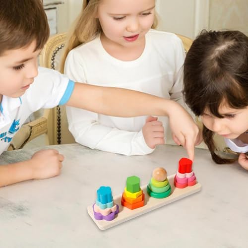 Image of SHINETOY Wooden Four-Pillar Stacking Block Toy | 16 Colorful Shape & Color Sorting Blocks | Montessori Educational Toy for Toddlers to Build Fine Motor Skills & Hand-Eye Coordination