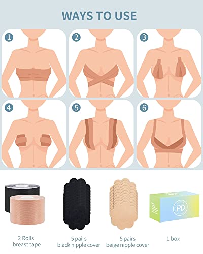 Phodil Boobytape For Breast Lift 2 Pcs,Boob Tape For Large Breasts,Push Up Invisible Bra Body Tape,Busties Breast Tape Kit With Nipple Cover (Nude & Black/2") #TOP3