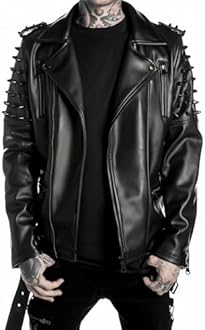 Men's Brando Notch Lapel Collar Punk Studded Spikes Real Motorbike Black Leather Jacket Rider Rock Classic Streetwear