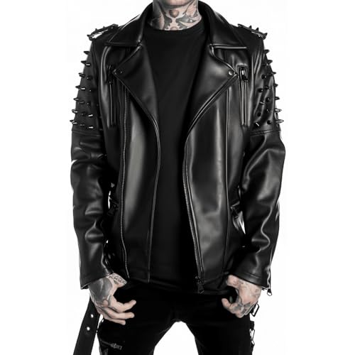 Men's Brando Notch Lapel Collar Punk Studded Spikes Real Motorbike Black Leather Jacket Rider Rock Classic Streetwear
