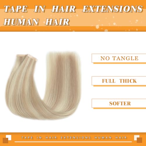 Image of YDDM Tape in Hair Extensions Human Hair 22 Inch 20pcs Ash Blonde Highlighted Platinum Blonde 100% Remy Human Hair Straight Invisible Tape in Hair Extensions(P18K /60#, 22 Inch)