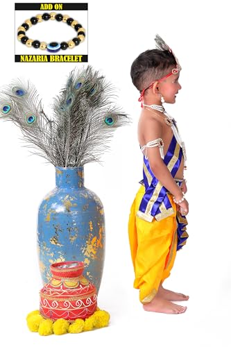 Image of Krishna Dress for Kids, Baby Krishna Dress for Janmashtami with Krishna Mukut, Peacock Feather & Flute Embroidered Krishna Costume for Girl & Boy, 3 Months-8 Years