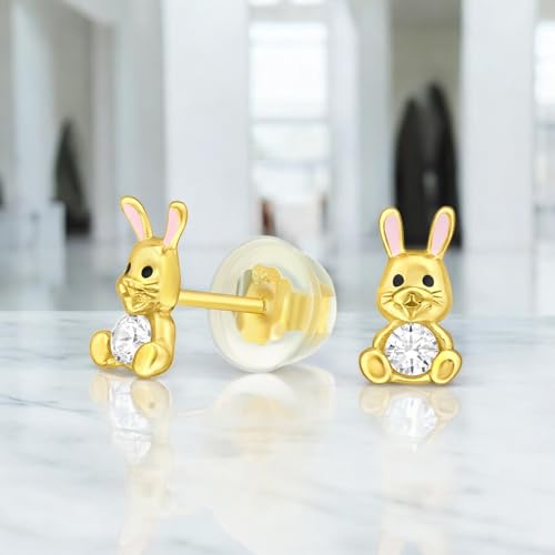 Limited Edition Solid 925 Sterling Silver Easter Bunny Dainty Little Stud Earrings with Cubic Zirconia Hypoallergenic 468274