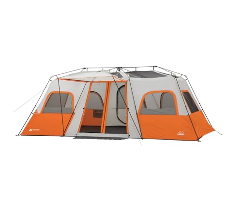 Ozark Outdoor Trail 12 Person Easy Set Up Cabin Tent with Integrated LED Lights, 3 Rooms