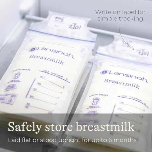 Image of Lansinoh breast milk transparent storage bags, breastmilk pouches for fridge or freezer use, pre-sterilized, reinforced double sealed side, double zipper for ultimate protection, 180ml, 25 count