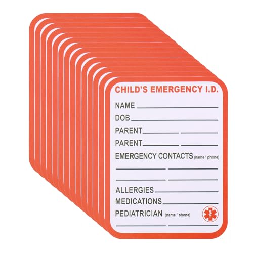 CHGCRAFT 14 hojas de calcomanías para asiento de seguridad infantil de I.C.E. (en caso de emergencia), etiquetas I.C.E. de 10.2 x 7.6 cm, información médica de contacto de emergencia para niños