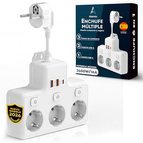 AKENZU©—Regletas para Enchufes Modulares 6 en 1 | Enchufe Multiple | Regleta De Enchufes Proteccion Sobretension | Ladron para Enchufes Plano con USB/USB C | Enchufe con Interruptor para Pared—Blanco