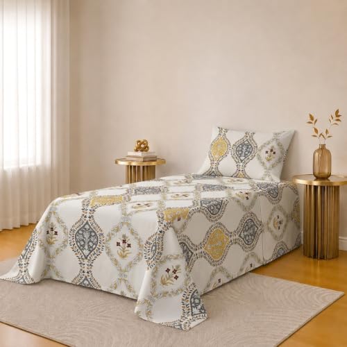 Image of IVAZA 240 TC Soft Ezyption Cotton Floral Print Single Bed Bedsheet - with 1 Pillow Covers, Hypoallergenic, Brethable, (Size- 60 x 90 Inch | Gold White