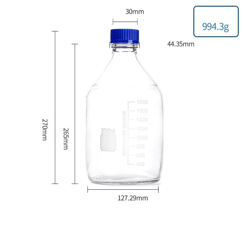 Botella de reactivo de vidrio de borosilicato de 2000 ml con rosca azul. Material de laboratorio de vidrio de borosilicato.