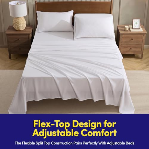 Image of Split Head King Sheets Set for Adjustable Beds 4 Piece Flex Top Bed Sheets - Deep Pocket Split Top Fitted Sheet with Built-in Corner Straps, Luxury Soft Cooling Bedding, Wrinkle Resistant, White