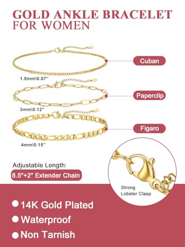 Image of FOCALOOK Anklet Bracelets Set for Women, 14K Gold Plated Waterproof Cuban Link Chain Layered Anklets Set for Plus Size Ankle 8-10.5 Inch Adjustable Summer Beach Jewelry Gift