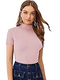 SweatyRocks Women's Mock Neck Ribbed Knit Scallop Short Sleeve T Shirt Tops Solid Dusty Pink S