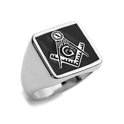 Freemason Ring for Men - Black Lodge Masonic Square and Compass Ring - Steel Ring Masonic Emblem Blue Background - Masonic Jewelry/Gifts (Size 10)