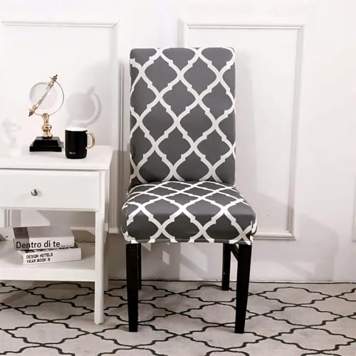 Image of Dining Chair Covers Set of 2, Stretchable Removable Washable Anti-Slip Universal Fit Printed Polyester Spandex Slipcovers (Grey Diamond)