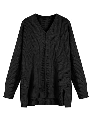 Image of ZAFUL Women's Oversized Sweaters V Neck Long Sleeve Knit Pullover Batwing Drop Shoulder Split Tops Trendy Fall Outfits 2024